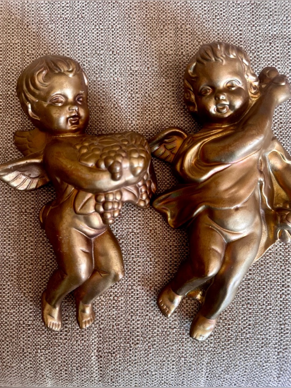 Set of Two Vintage Japan Cherub Wall Plaques in Metallic Gold